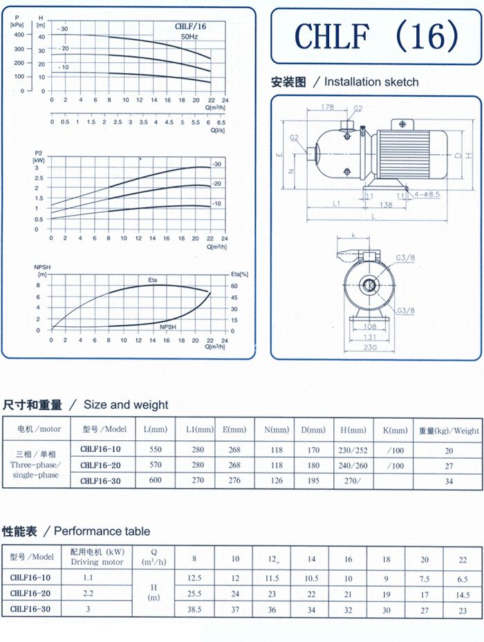 CHLF輕型立式不銹鋼多級(jí)離心泵安裝圖、尺寸、性能